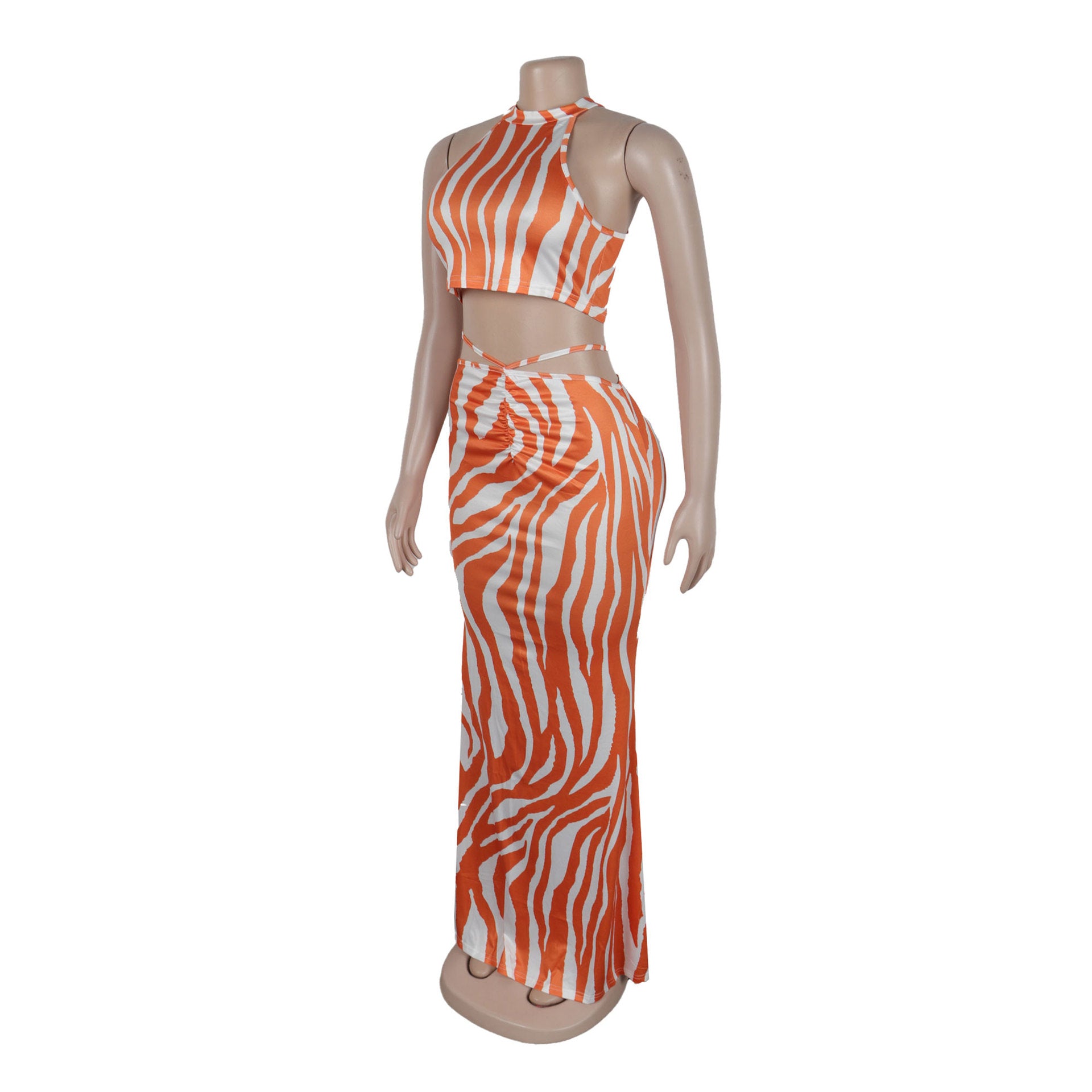 Women Striped Crop Top and Long Skirt Two Piece Set 21