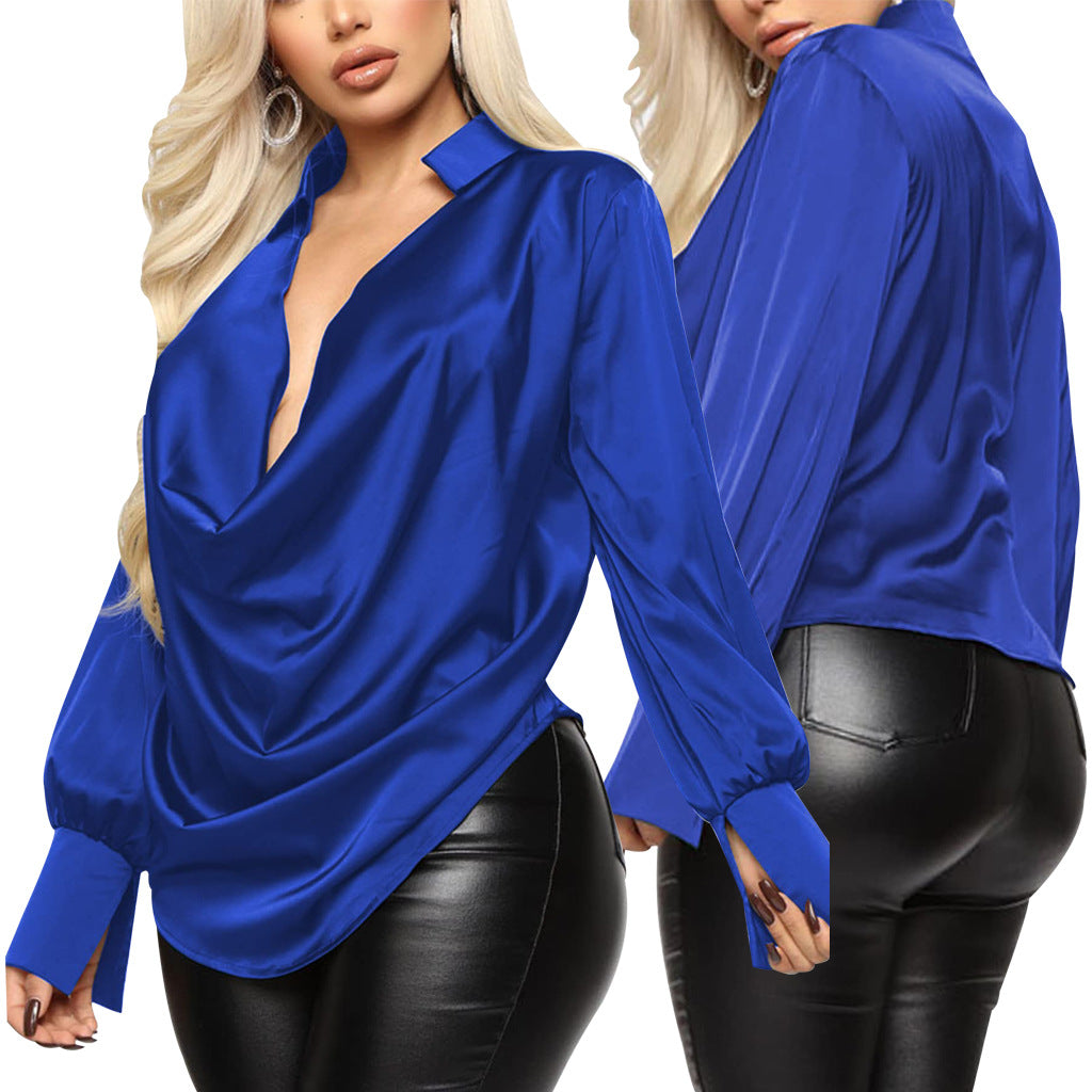 Sexy Fashion Solid Color Stretch Ladies Satin Blouse 11