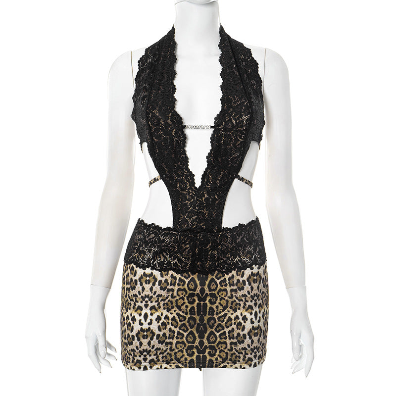 Women Leopard Print Lace Patchwork Backless Bodycon Dress 7