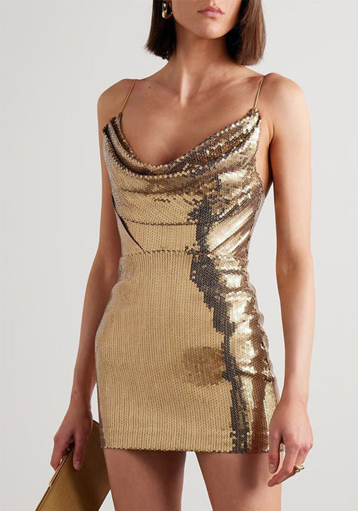 Sexy Gold V-Neck Strap Low Back Sequin Nightclub Mini Dress