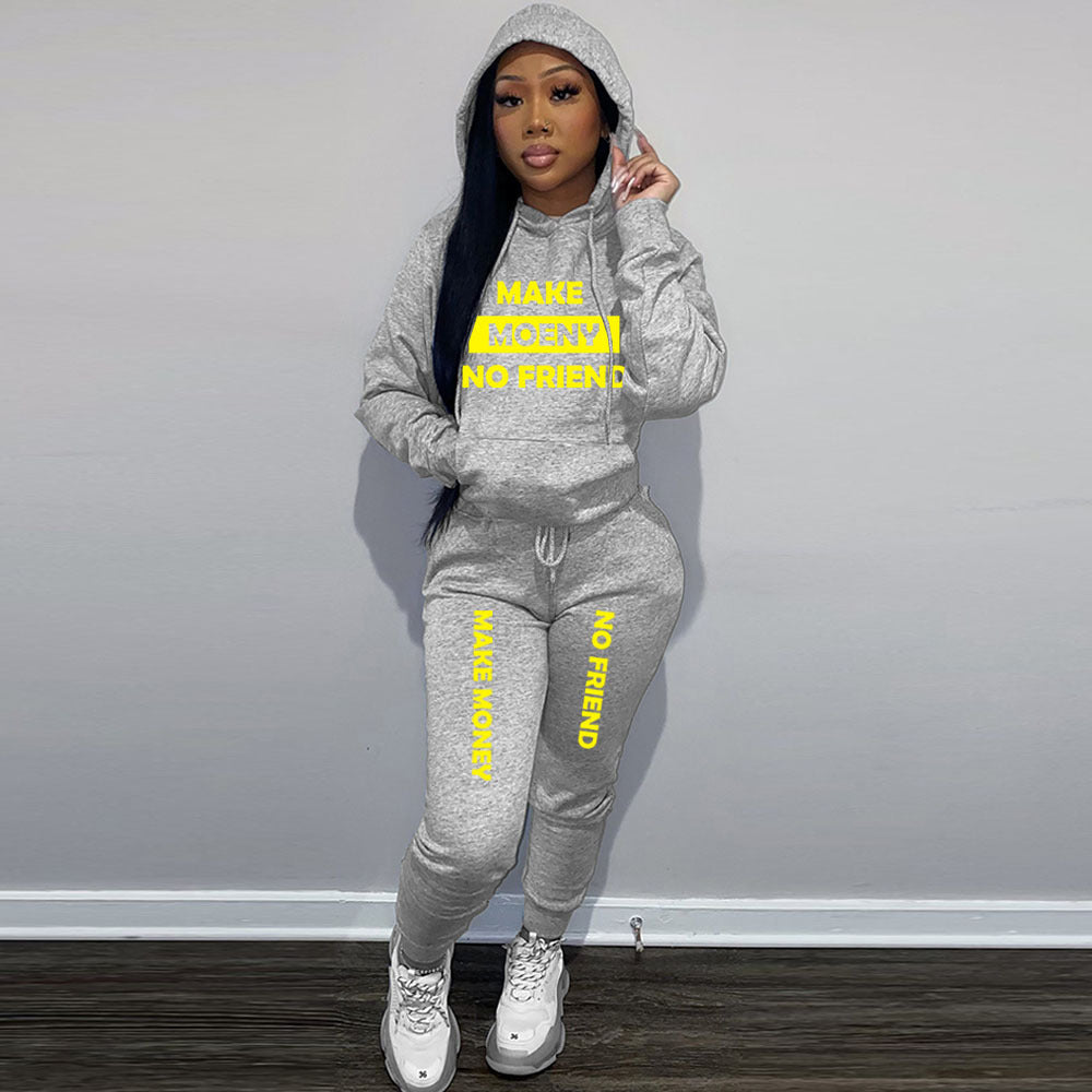 Women Casual Printed Sports Plush Hoodies and Pant Two-piece Set 10