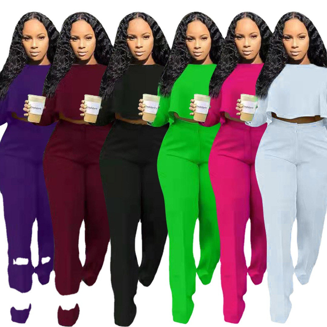 Women'S Autumn And Winter Solid Color Hollow Long-Sleeved High-Waisted Wide-Leg Pants Two-Piece Set 23