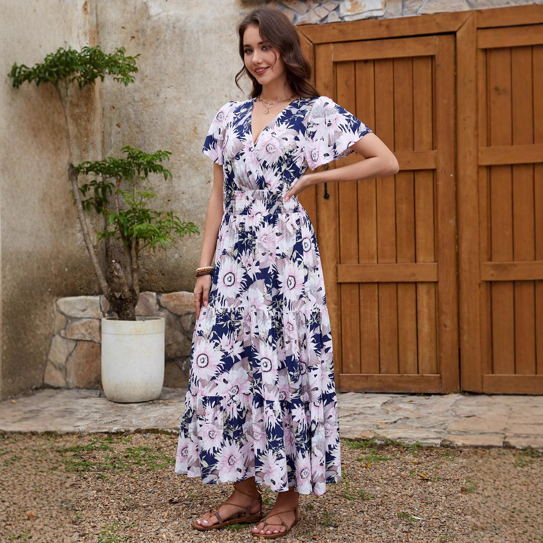 Women Printed V-Neck Short Sleeve Holidays Dress 4