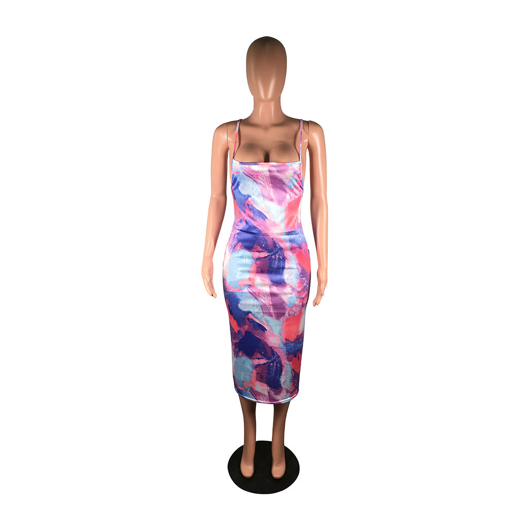 Women's Sexy Tie Dye Printed Strap Low Back Dress 9