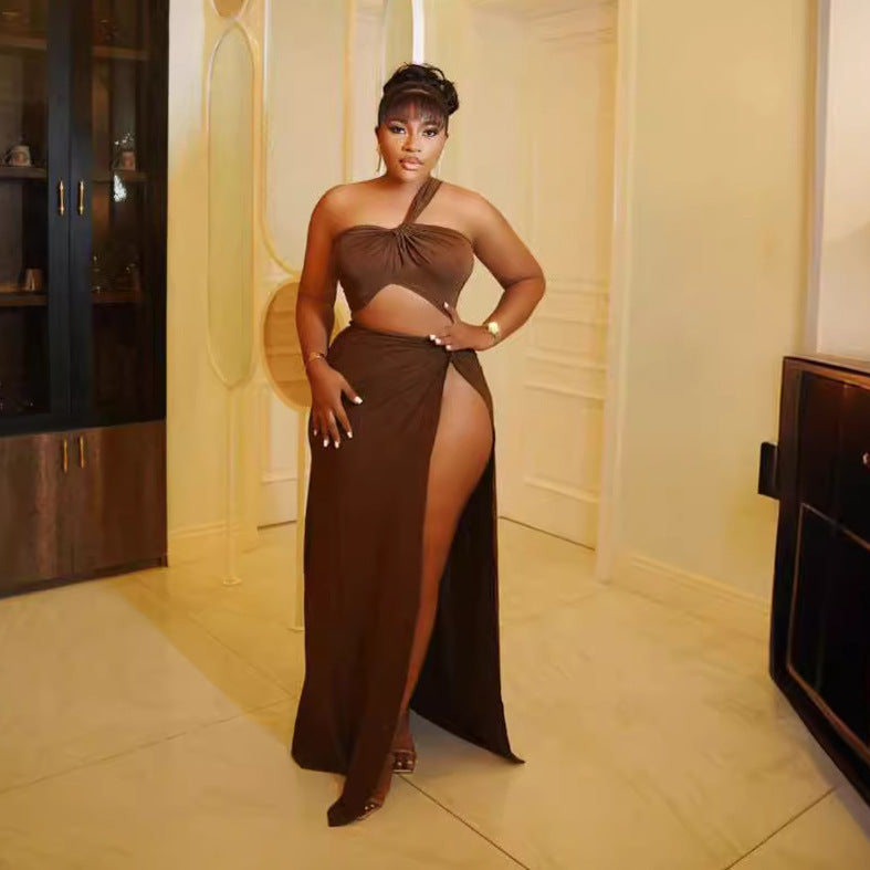 Women Solid Slash Shoulder Crop Top and Slit Skirt two-piece set 5