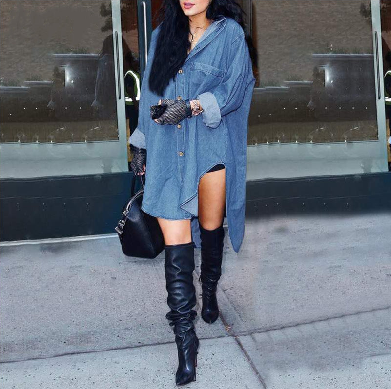 Women Long Sleeve irregular sides Denim Shirt