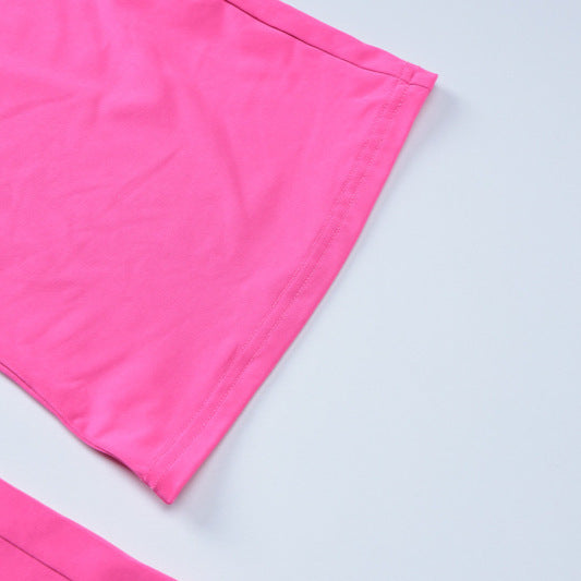 Women Spring Zipper Short Sleeve Hooded Top and Bell Bottom Pants Two-Piece Set 11