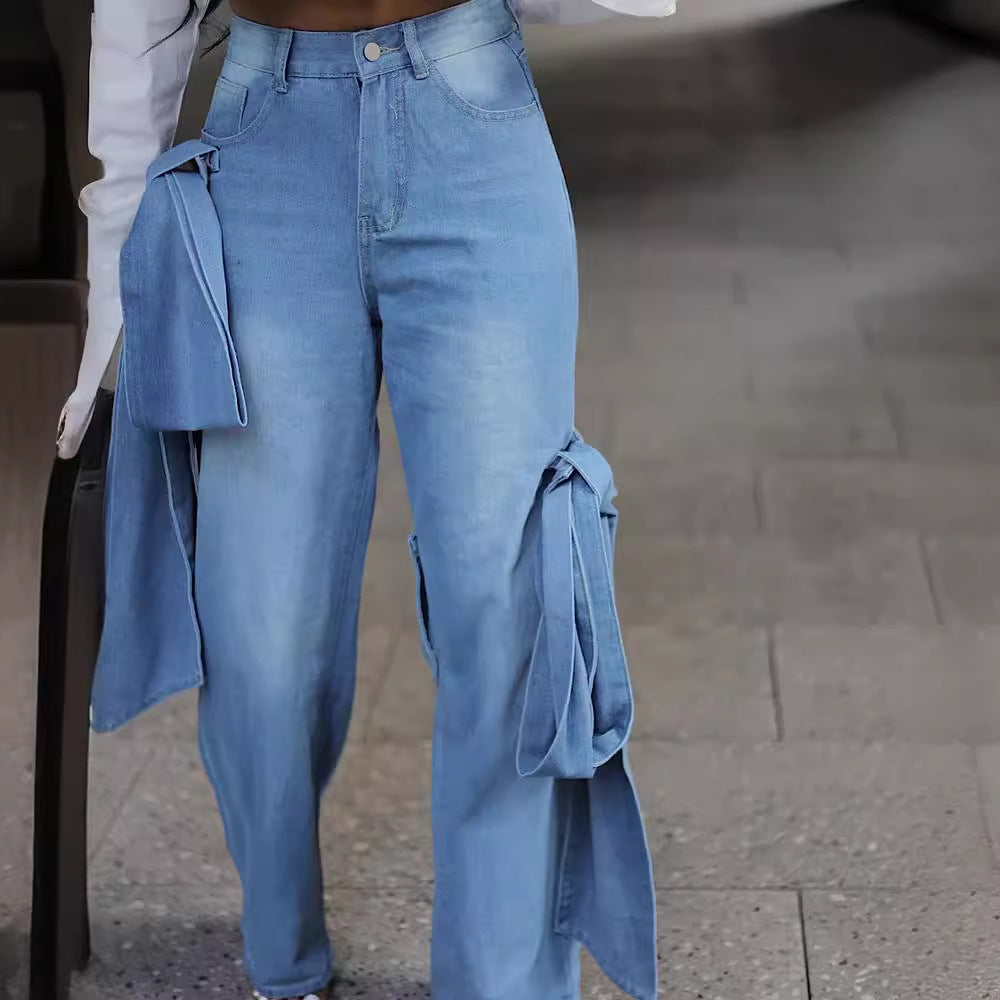 Lace-Up Pocket Wide Leg Straight Washed Denim Pants 4