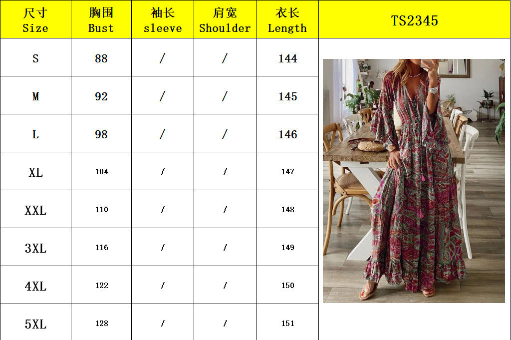 Women Boho Bell Bottom Sleeve Printed V Neck Holidays Maxi Dress 15