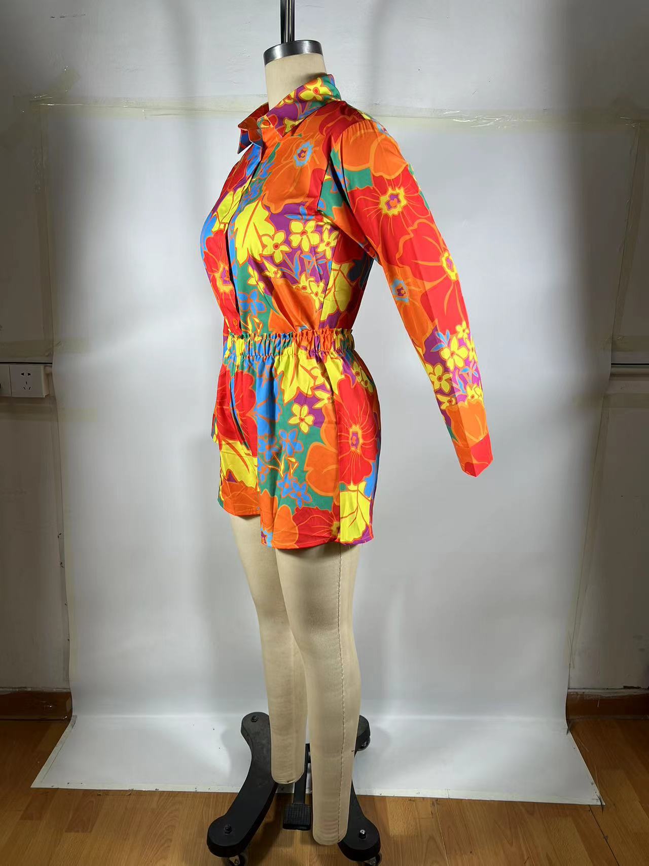 Summer Women Flower Print Long Sleeve Shirt Shorts Two-piece Set 8