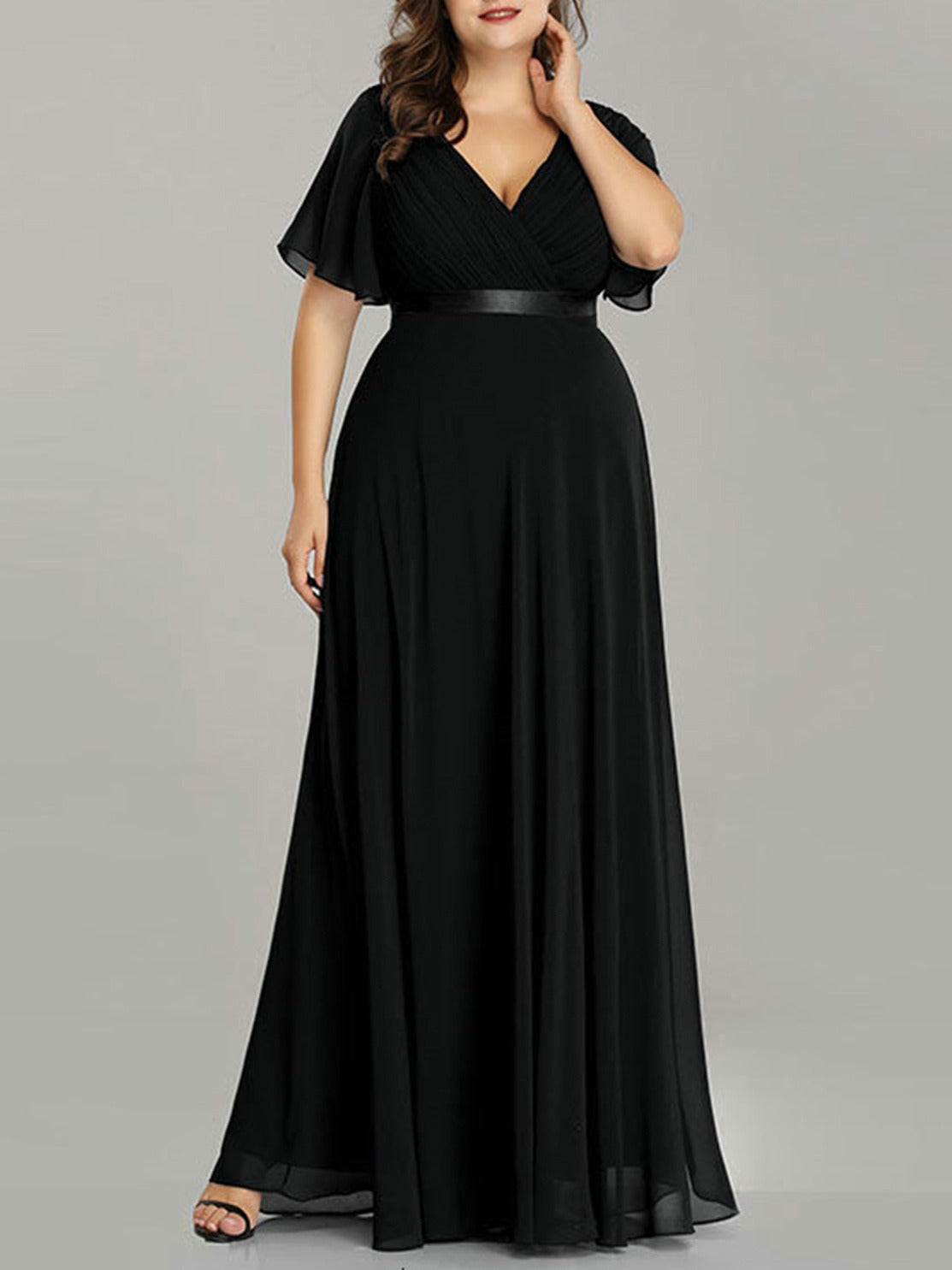 Plus Size Women V neck Short Sleeve Solid Long Dress 5