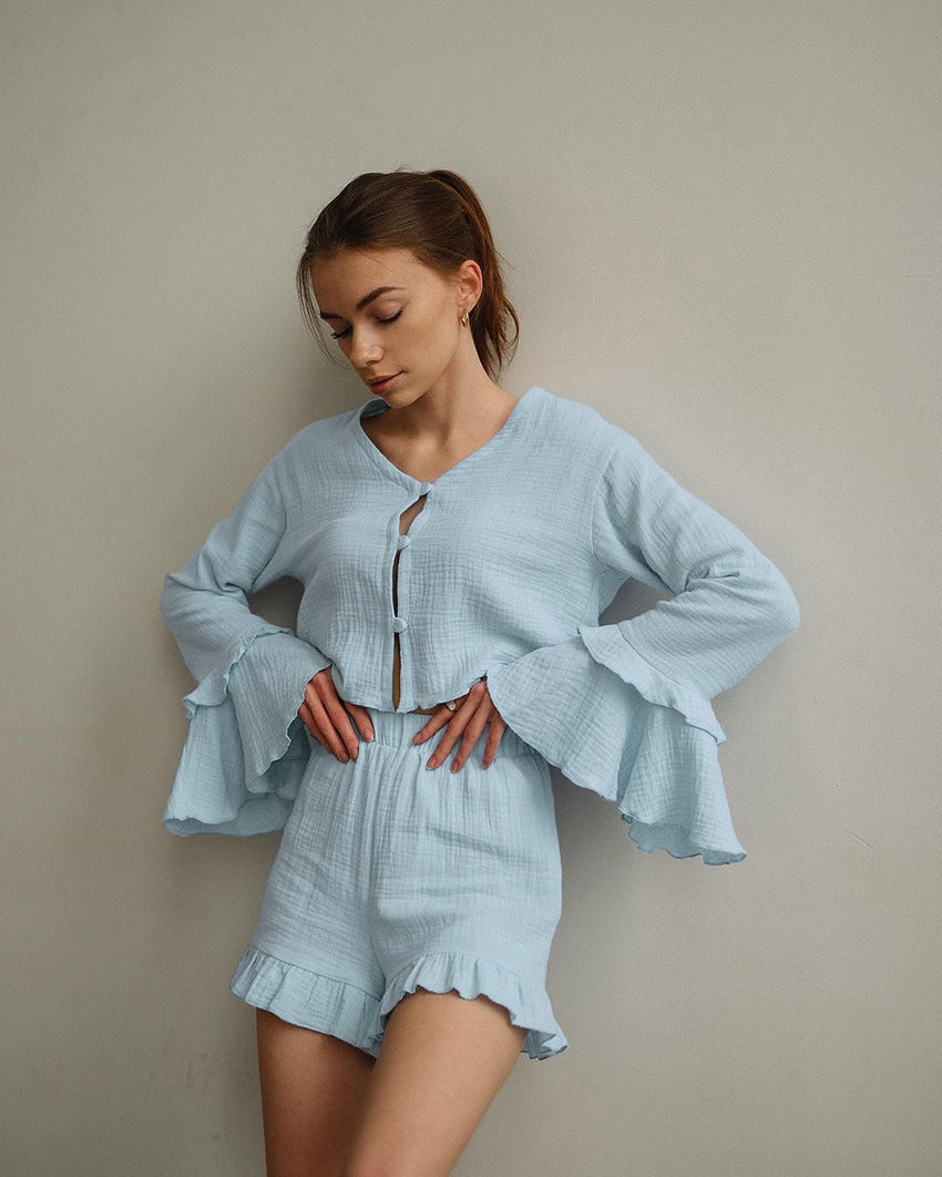 Women Lotus Edge Long-sleeved Top and Shorts Two-piece Set 3