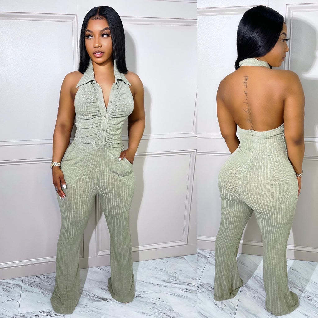 Women's Solid Color Sexy Low Back Halter Neck Turndown Collar Jumpsuit 5
