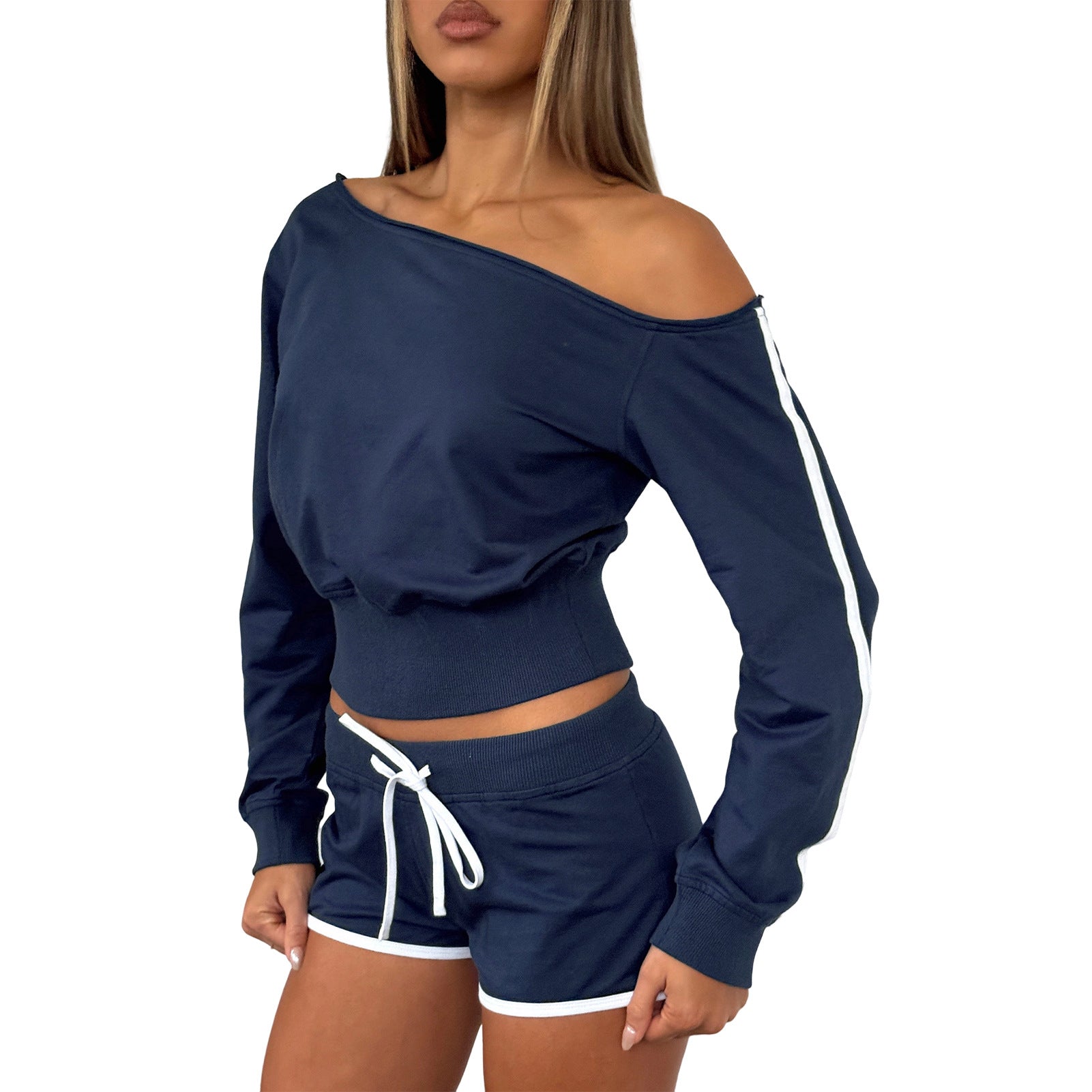 Women's Casual Slash Shoulder Long Sleeve Top Drawstring Shorts Two-Piece Set 28