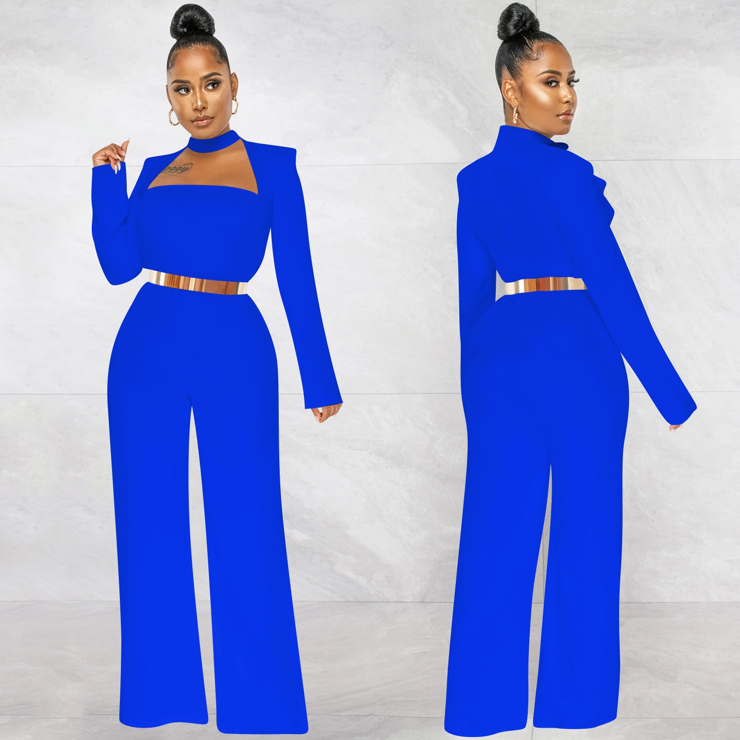 Women Fashion Solid Color Long Sleeve Wide Leg Pants Jumpsuit 8