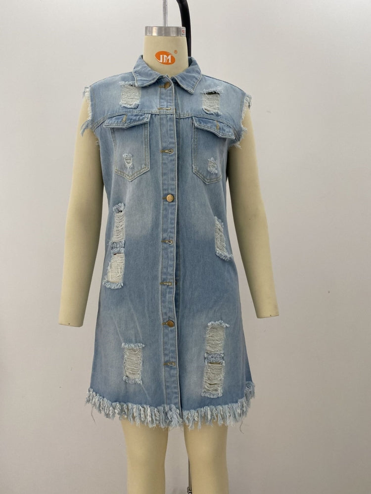 Women Spring Blue Sleeveless Denim Ripped Long Jacket 4