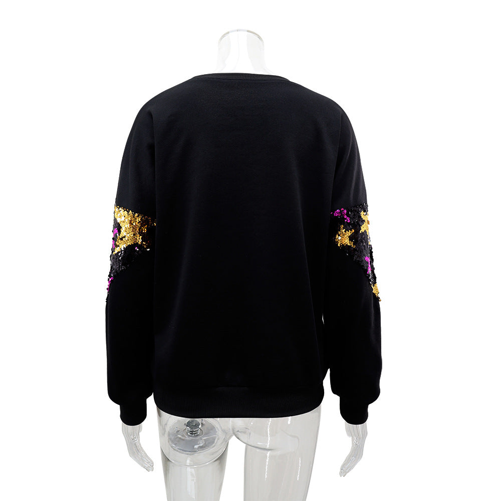 Women Casual Star Sequins Decorated Round Neck long sleeve top 6