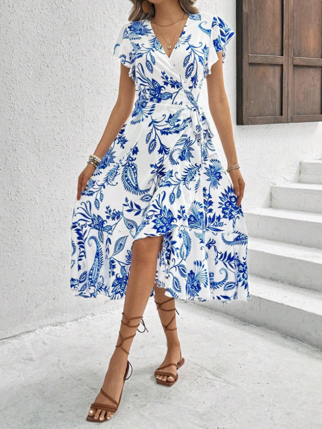 Women Summer Printed Ruffle Short Sleeve Lace Dress 3