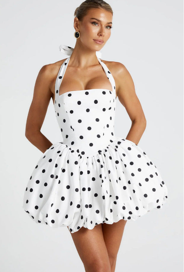 Women Summer Halter Neck Tie-Drawn Bow Puffy Dress 6