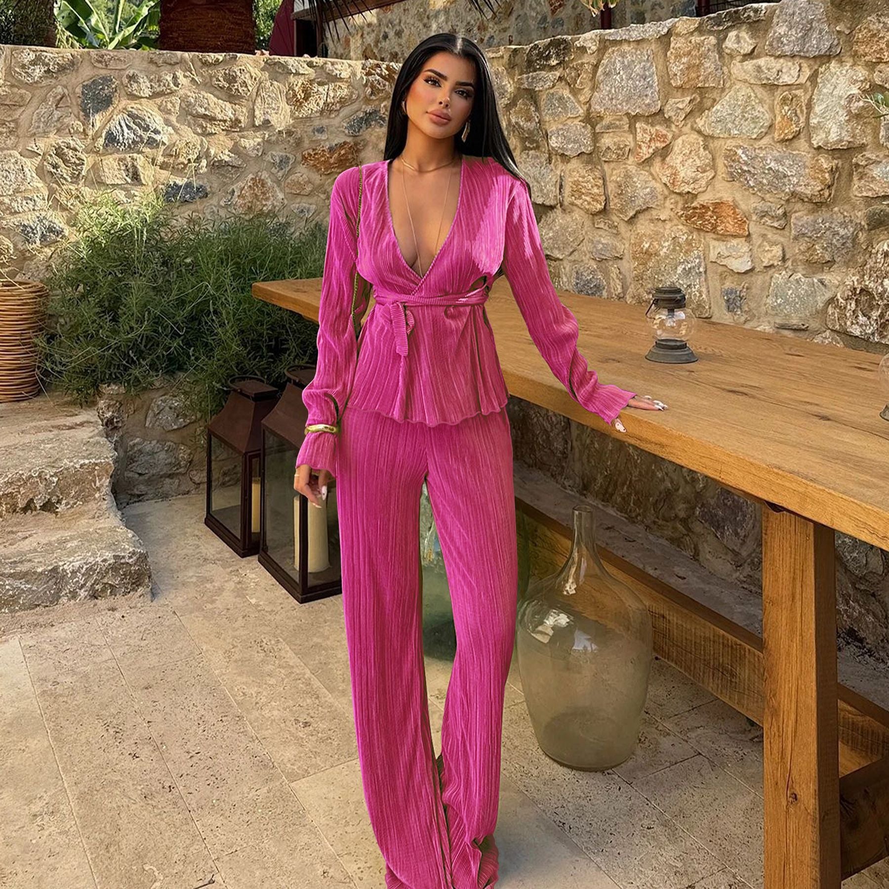 Autumn And Winter Women's V-Neck Long-Sleeved Cardigan Pants Casual Two-Piece Set 4