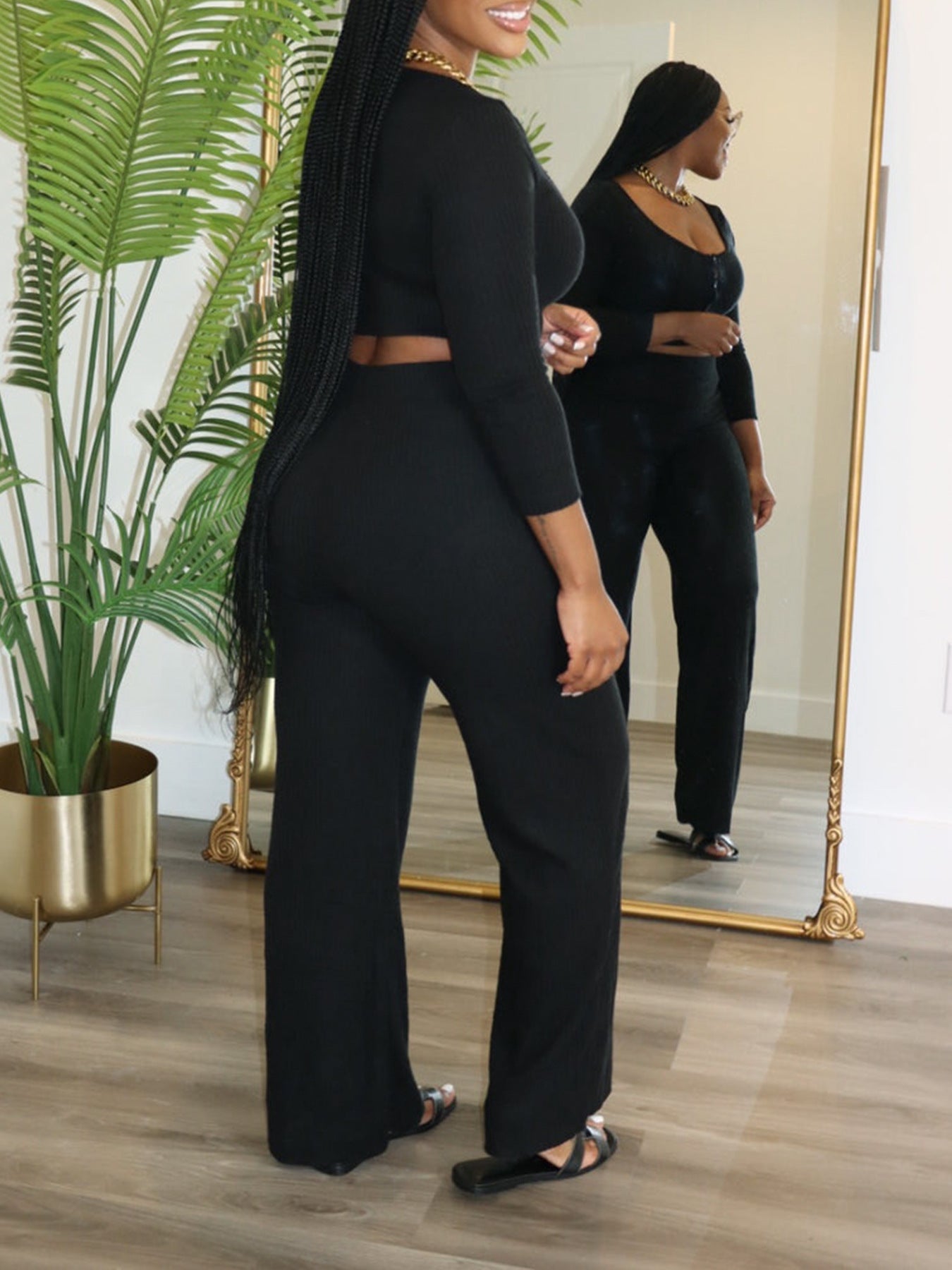 Women Soild long-sleeved Top and trousers Two Piece Set