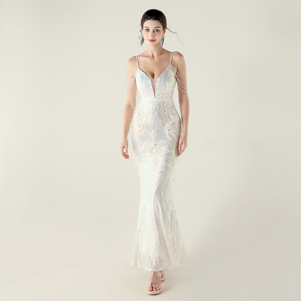 Women Beaded Feather Decoration Beaded Fishtail Evening Dress 10