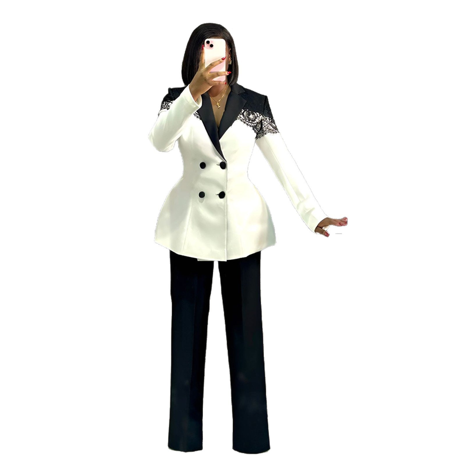 Women casual elegant lace Patchwork blazer and pant two-piece set 12