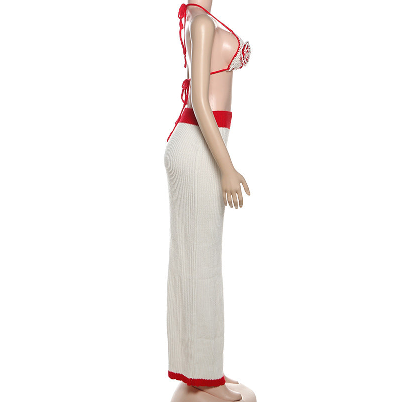 Women's Autumn Sexy Knitting Crochet Halter Neck Camisole Color Block Slim Skirt Set 8