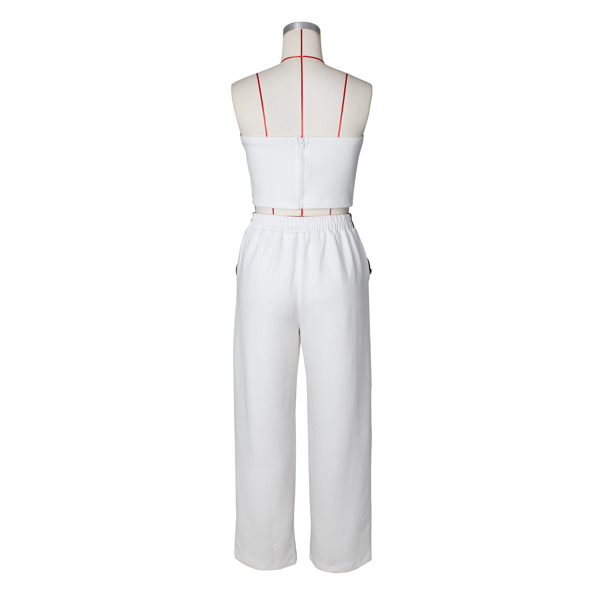 Sexy Color Blocked Decorative Button Straight High Waist Wide Leg Women's Pants Set 16