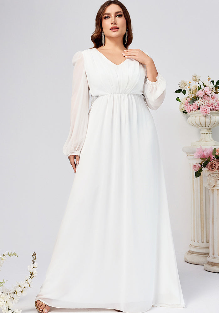 Plus Size Women Chiffon Long Sleeve V Neck Formal Party Dress