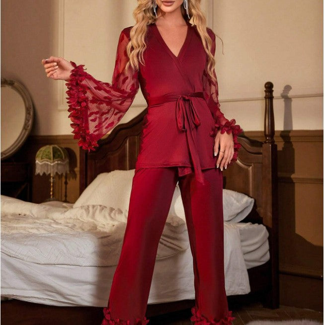 Women Sexy Lace Bell Bottom Sleeve Top and Pants Sexy Lingerie Two Piece Set 6