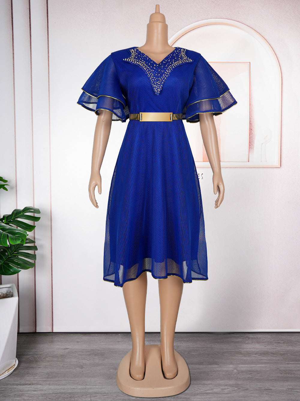 Plus Size African Women V-neck Bodycon Beaded Dress With Belt 11