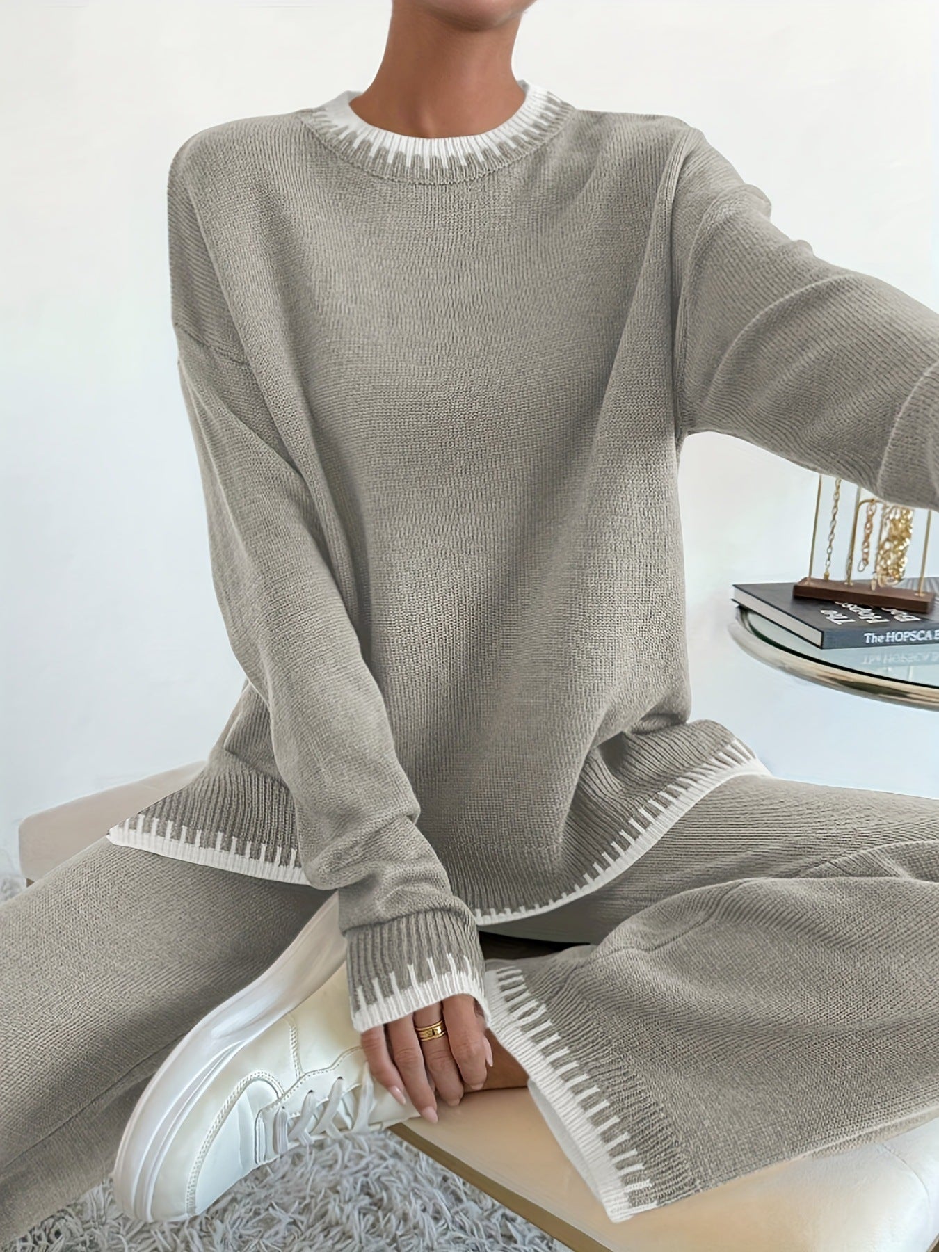 Autumn And Winter Color Matching Long Sleeve Knitting Top Fashion Pants Two Piece Set 5