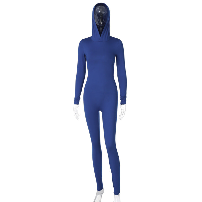 Women Winter Solid Long Sleeve Hooded Backless Sports Jumpsuit 8
