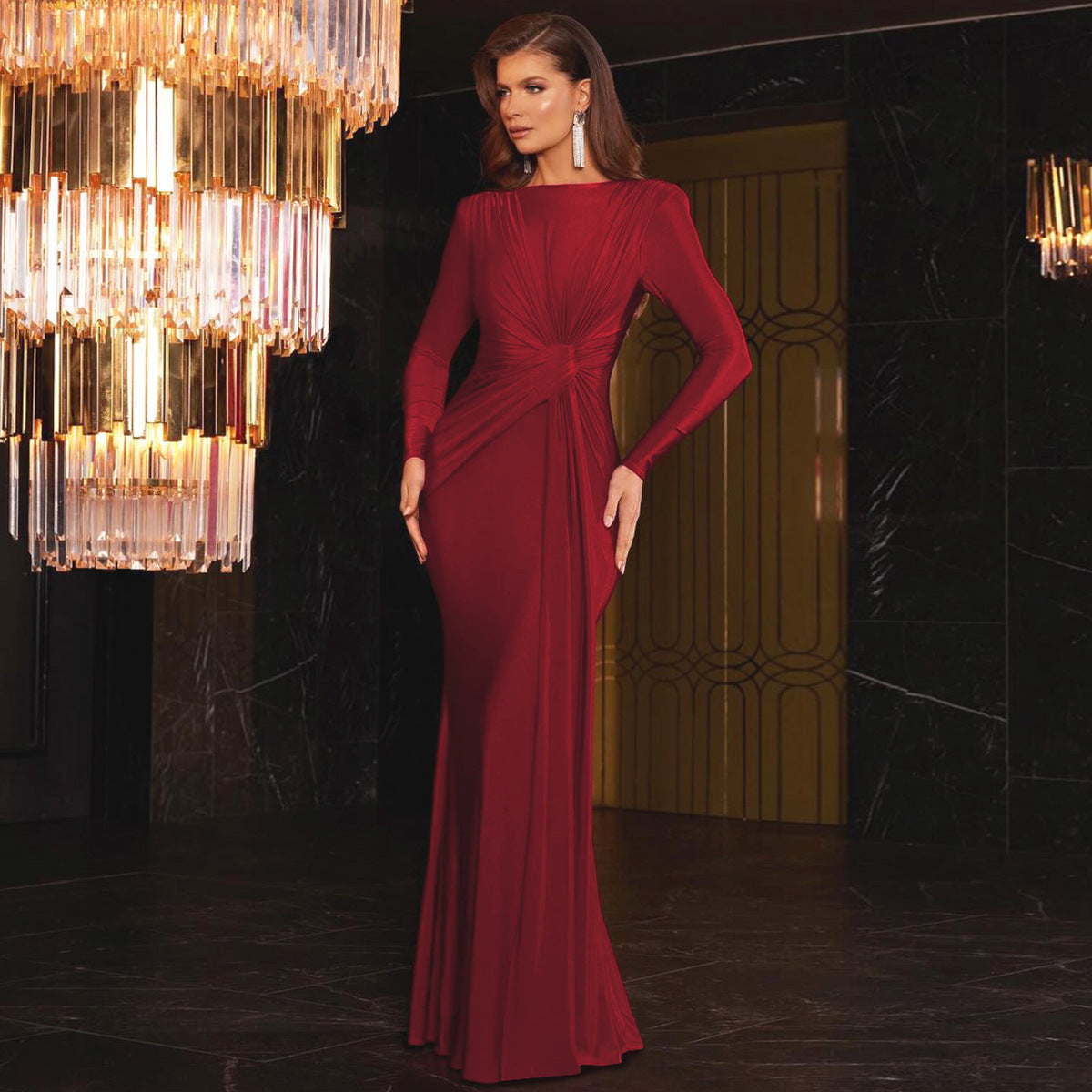 Women's Autumn Fashion Chic Slim Round Neck Long Sleeve Evening Dress 3