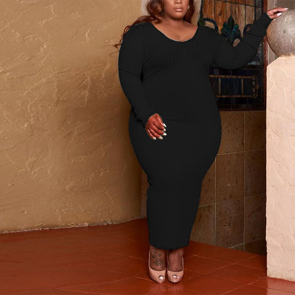 Casual Fashion Round Neck Ribbed Solid Color Women 's Plus Size Long Dress 5