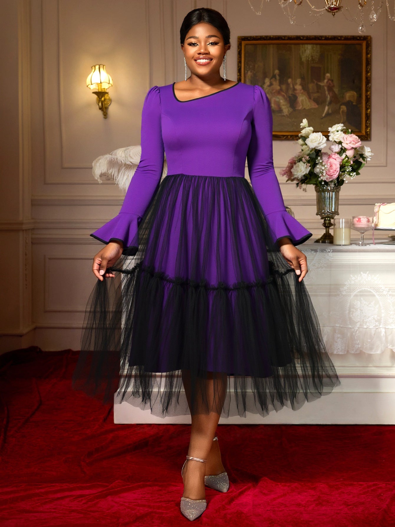 Plus Size Women's Purple Bell Sleeve Mesh Patchwork Elegant Long Dress