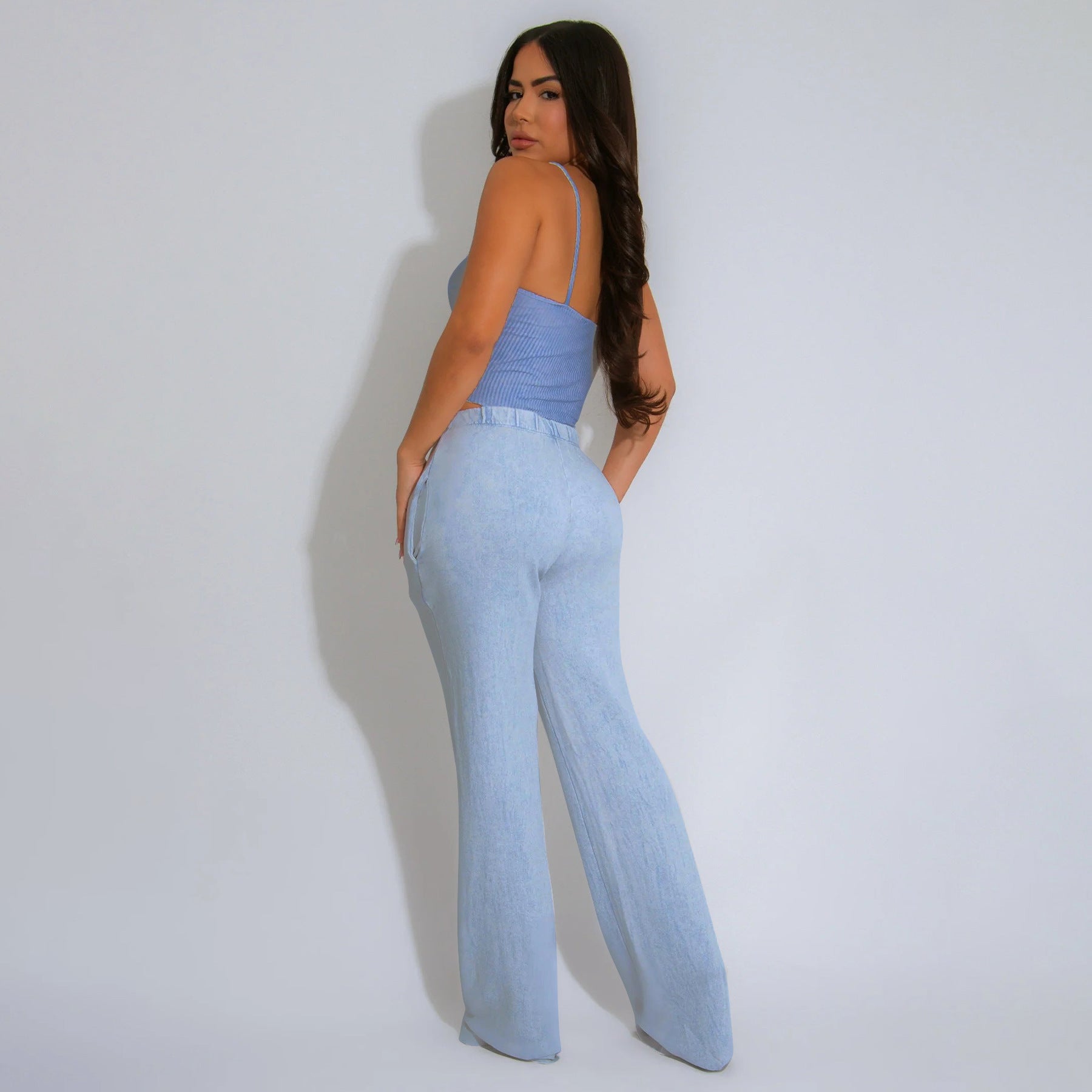 Women Sexy Cotton Washed Strapless Top and Pant Two-Piece Set 45