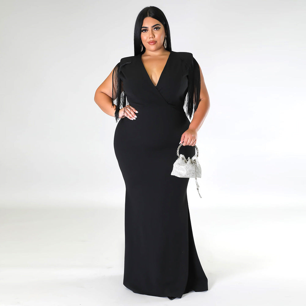 Plus Size Women V-Neck Solid Sleeveless Fringe Dress