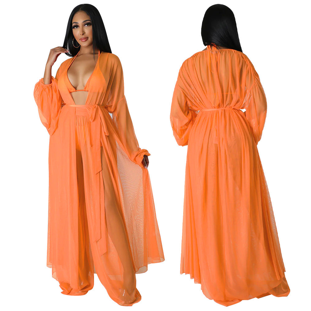 Fashion Ladies Solid Color Bat Sleeves Sexy See-Through Long Sleeve Pant Set 5