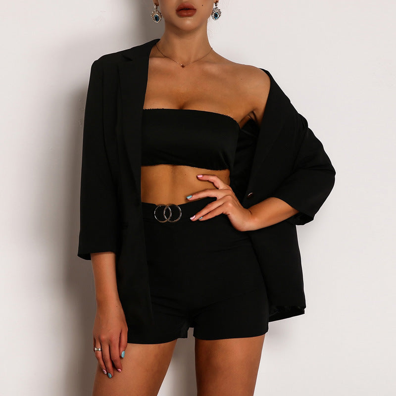 Women One Button Three Quarter Sleeve Solid Color Suit Fashion Chic Tight Fitting Blazer Shorts Two Piece Set 6