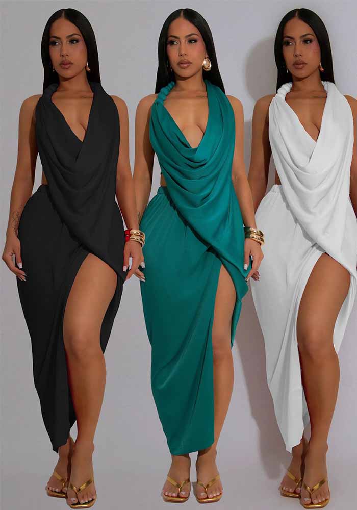 Women V Neck beaded Halter Neck sexy slit Solid pleated dress