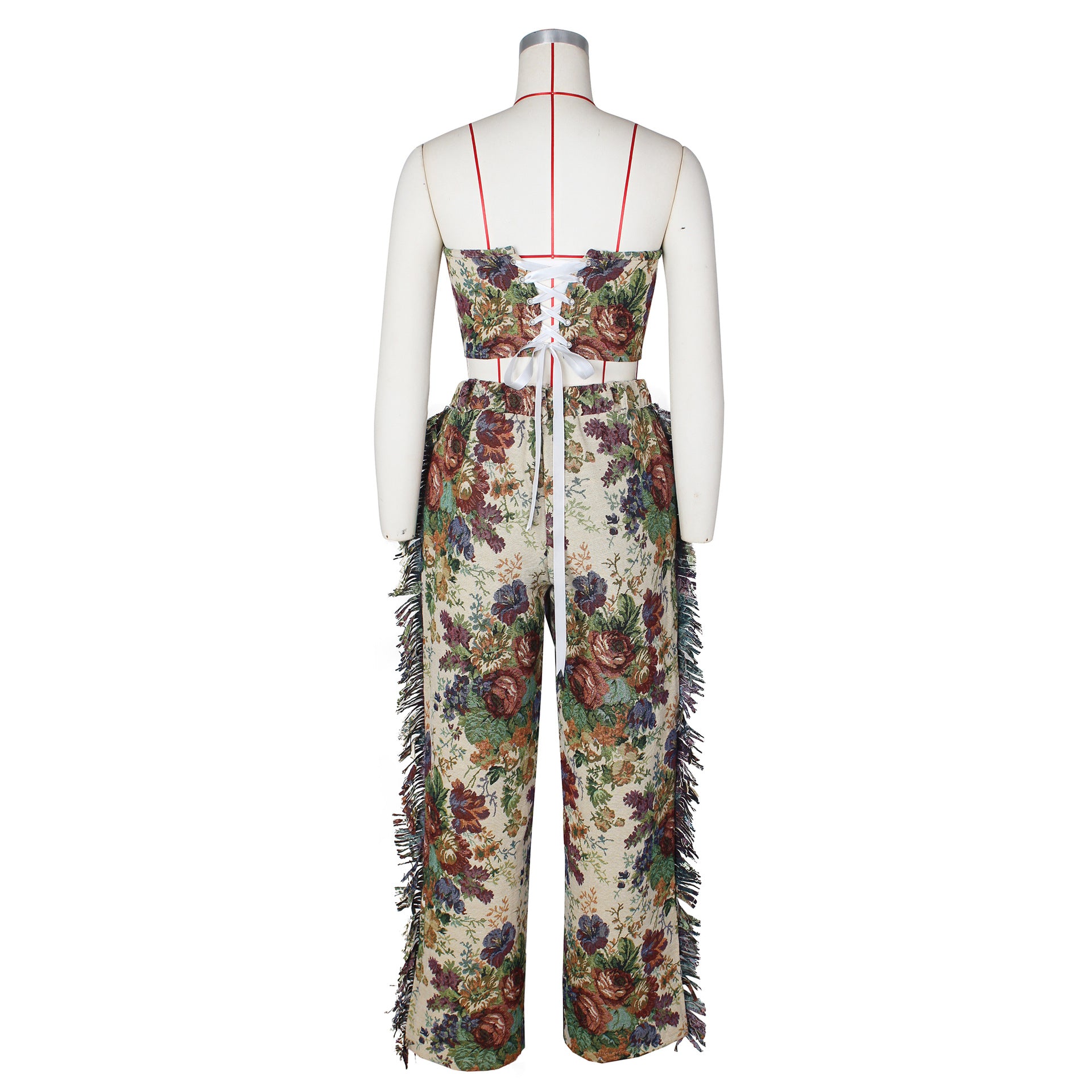 Women Sexy lace-up bra top and tassel trousers jacquard two-piece set 12