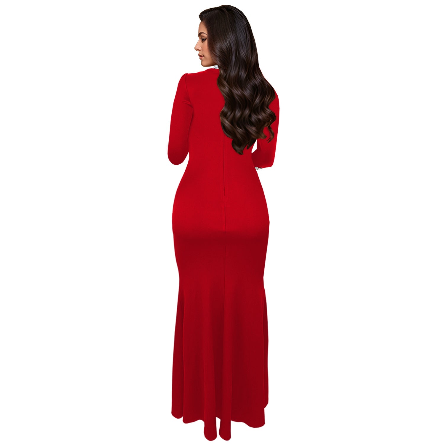 Women Solid Long Sleeve Beaded Slit Dress 7