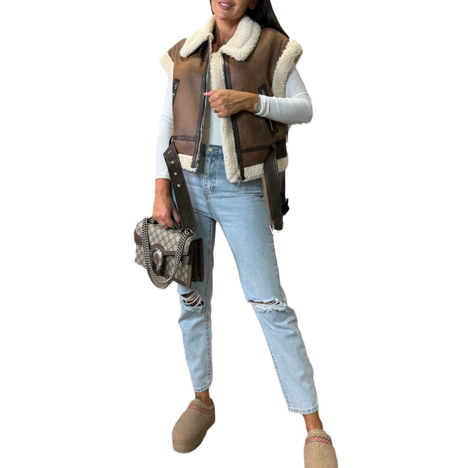 Women Zipper Pu-Leather Furry Patchwork Vest 7