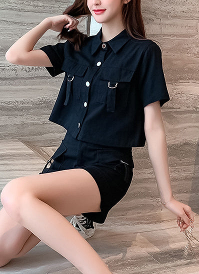 Two-piece summer Cargo style short-sleeved jacket wide-leg shorts women's suit 6