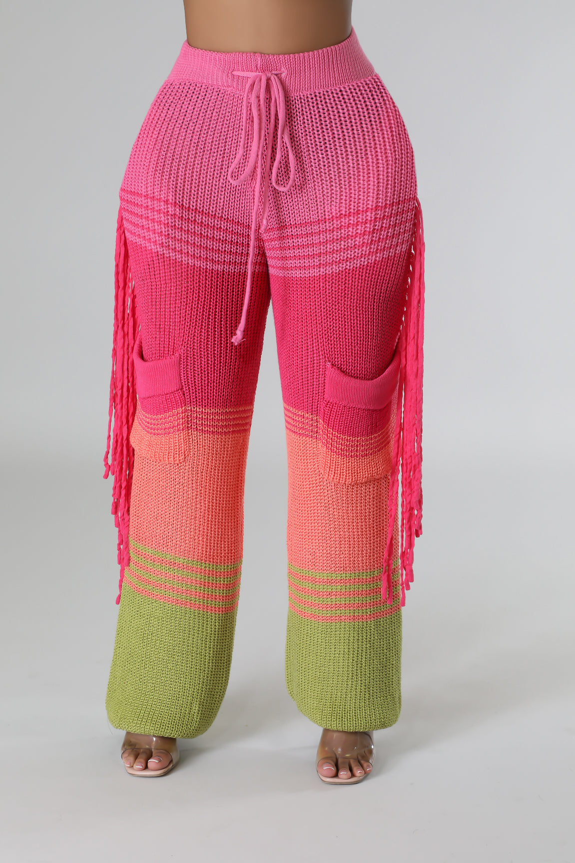 Women's Casual Style Knitting Colorblock Crochet Tassel Loose Straight Pants 4