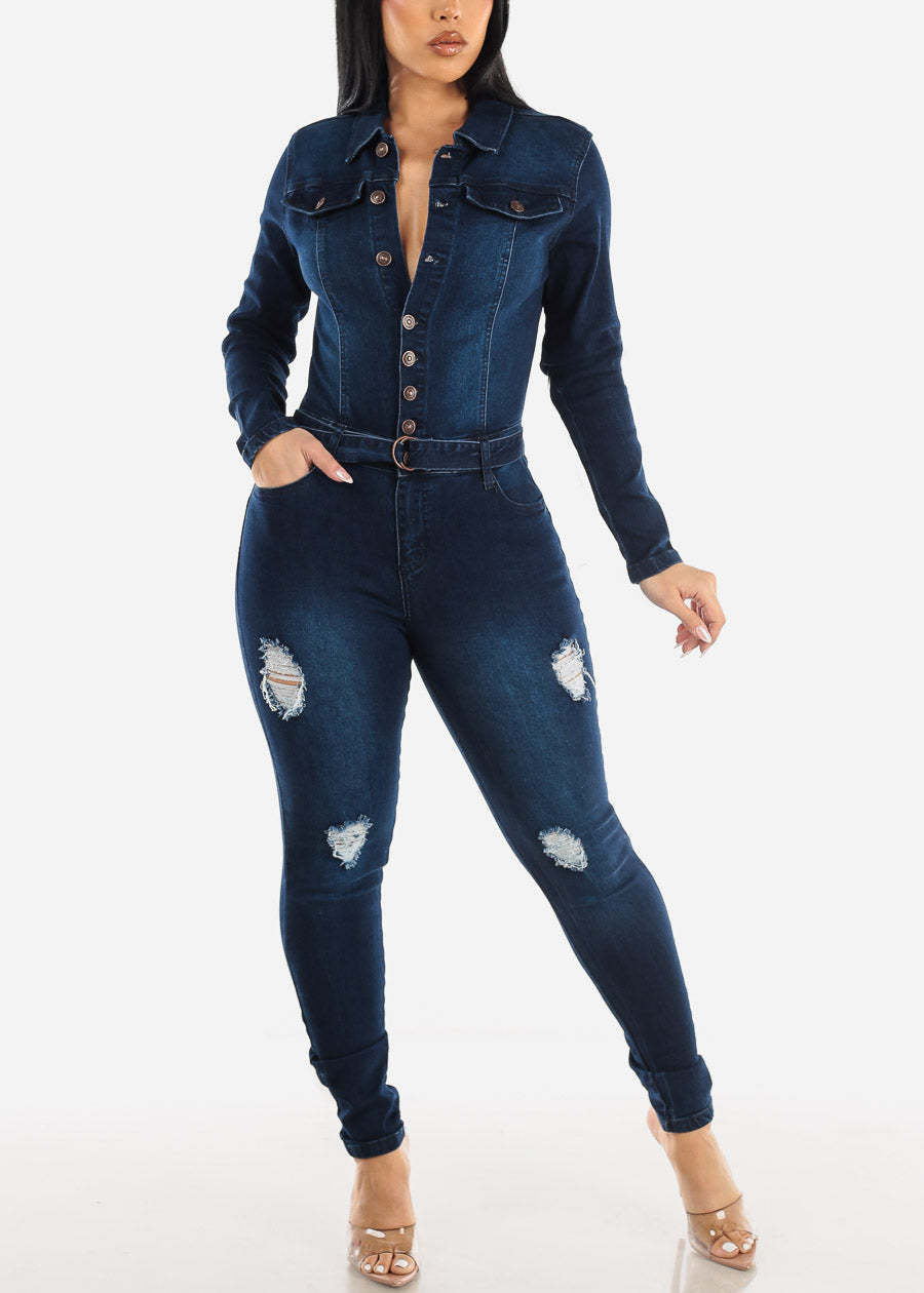 Women Stretch Ripped Washed Long Sleeve Denim Jumpsuit 3