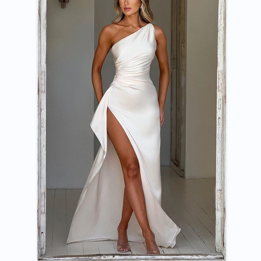 Women summer one-shoulder pleated slit sexy solid dress 10