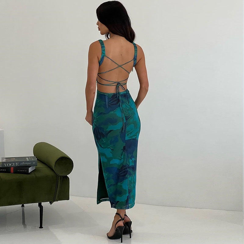 Fashion Strap Print Sleeveless Lace-Up Low-Back Slit Slim Dress 4